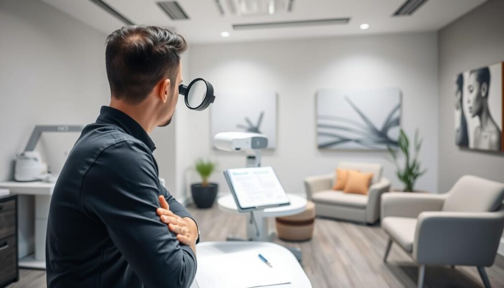 A TKMD medical clinic with modern, well-lit interiors. In the foreground, a patient sits calmly on an examination table, their head tilted back as a doctor examines their scalp with a magnifying glass. Diagnostic equipment and medical charts are visible in the middle ground, while the background features a sleek, minimalist waiting area with plush seating and soothing artwork on the walls. The overall atmosphere conveys a sense of professionalism, care, and attention to detail in the comprehensive hair loss evaluation process.