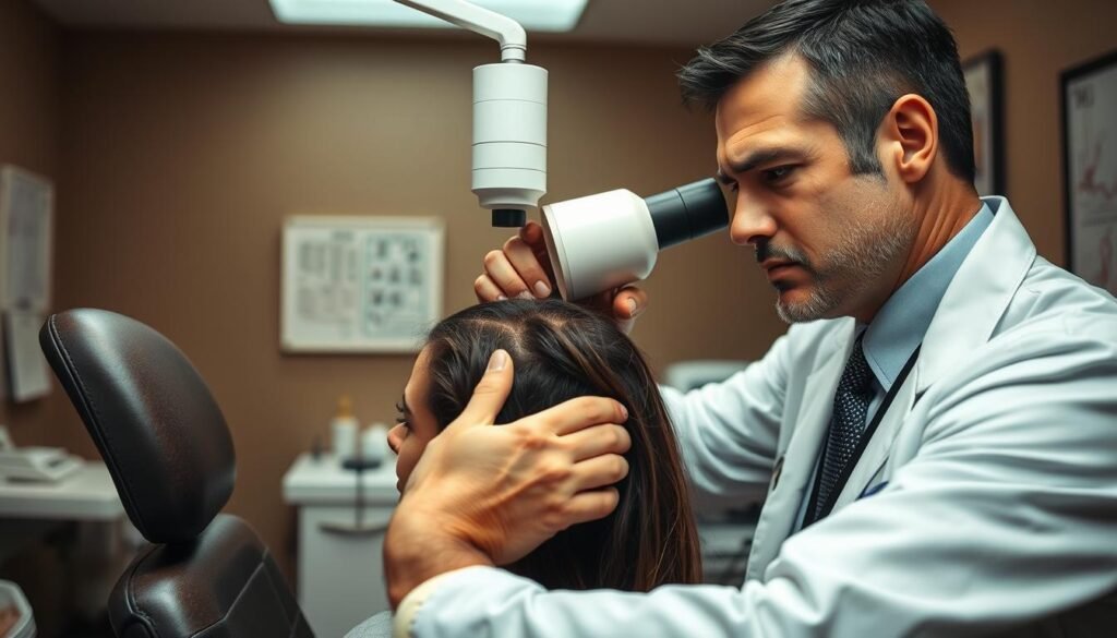 A TKMD medical office interior, dimly lit with warm lighting. A patient sits in an examination chair, their head tilted back as a dermatologist closely examines their scalp using a dermatoscope. The dermatologist's face is focused, their brow furrowed in concentration. The patient's expression is one of concern, their fingers gently running through their thinning hair. In the background, medical charts and equipment suggest a professional, clinical setting dedicated to diagnosing and treating hair loss conditions. A TKMD medical office interior, dimly lit with warm lighting. A patient sits in an examination chair, their head tilted back as a dermatologist closely examines their scalp using a dermatoscope. The dermatologist's face is focused, their brow furrowed in concentration. The patient's expression is one of concern, their fingers gently running through their thinning hair. In the background, medical charts and equipment suggest a professional, clinical setting dedicated to diagnosing and treating hair loss conditions.