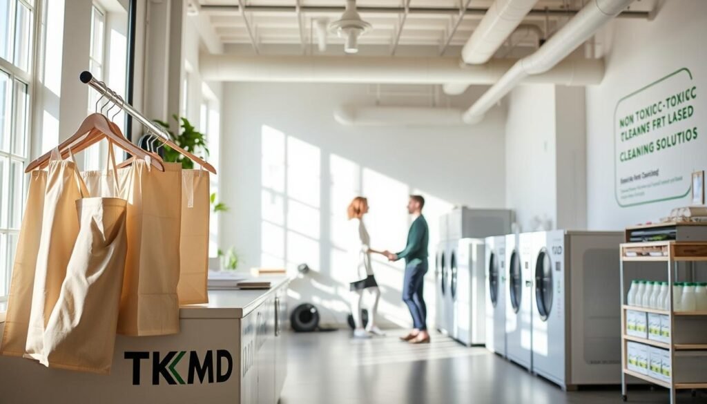 A bright, airy, and eco-friendly dry cleaning studio with natural sunlight filtering through large windows. In the foreground, a TKMD branded counter displaying reusable garment bags and hangers. Mid-ground, a TKMD employee assists a customer, discussing the sustainable cleaning process. In the background, modern equipment and a display of non-toxic, plant-based cleaning solutions. The overall atmosphere is calm, inviting, and reflects a commitment to environmental responsibility. A bright, airy, and eco-friendly dry cleaning studio with natural sunlight filtering through large windows. In the foreground, a TKMD branded counter displaying reusable garment bags and hangers. Mid-ground, a TKMD employee assists a customer, discussing the sustainable cleaning process. In the background, modern equipment and a display of non-toxic, plant-based cleaning solutions. The overall atmosphere is calm, inviting, and reflects a commitment to environmental responsibility.