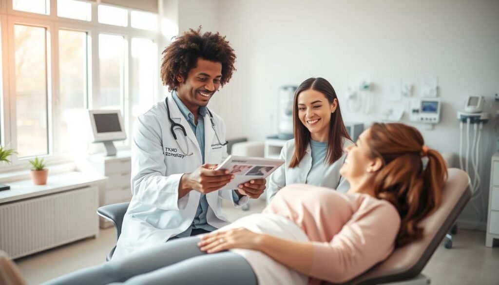 A bright, airy medical office with large windows, soft neutral colors, and modern furnishings. In the foreground, a TKMD dermatologist in a white lab coat is sitting at a desk, discussing treatment options with a patient on the examination table. The dermatologist has a friendly, empathetic expression as they review medical charts and point to a skin condition on a tablet. The patient appears relaxed and engaged, making direct eye contact. In the background, there are various medical instruments and equipment, conveying a sense of professionalism and expertise. The lighting is warm and natural, creating a calming, professional atmosphere. A bright, airy medical office with large windows, soft neutral colors, and modern furnishings. In the foreground, a TKMD dermatologist in a white lab coat is sitting at a desk, discussing treatment options with a patient on the examination table. The dermatologist has a friendly, empathetic expression as they review medical charts and point to a skin condition on a tablet. The patient appears relaxed and engaged, making direct eye contact. In the background, there are various medical instruments and equipment, conveying a sense of professionalism and expertise. The lighting is warm and natural, creating a calming, professional atmosphere.