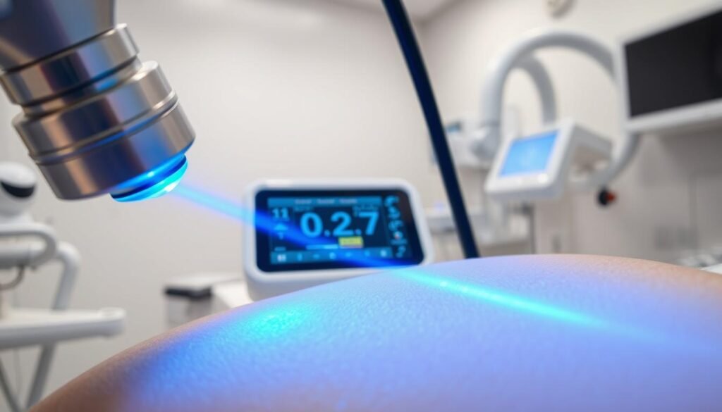 A clinical close-up of a TKMD laser scar treatment procedure. The foreground shows a patient's skin being precisely targeted by a high-precision laser, emitting a brilliant blue-green beam. The middle ground displays the laser's control panel with various settings and indicators, hinting at the technical sophistication of the device. The background is a sterile, clinical environment with white walls and medical equipment, conveying a sense of professionalism and medical authority. The lighting is bright and focused, accentuating the details of the procedure and creating a sense of clarity and confidence. The overall mood is one of cutting-edge medical innovation, safety, and effective scar treatment. A clinical close-up of a TKMD laser scar treatment procedure. The foreground shows a patient's skin being precisely targeted by a high-precision laser, emitting a brilliant blue-green beam. The middle ground displays the laser's control panel with various settings and indicators, hinting at the technical sophistication of the device. The background is a sterile, clinical environment with white walls and medical equipment, conveying a sense of professionalism and medical authority. The lighting is bright and focused, accentuating the details of the procedure and creating a sense of clarity and confidence. The overall mood is one of cutting-edge medical innovation, safety, and effective scar treatment.