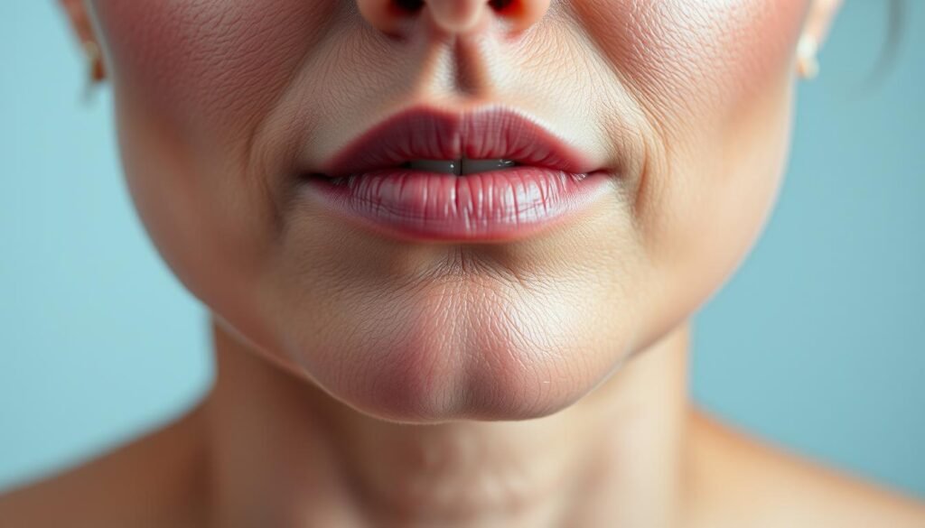 A clinical close-up of a person's skin, highlighting the common areas targeted for laser hair removal treatment - the upper lip, chin, underarms, and bikini line. The scene is bathed in a soft, diffused lighting, creating a minimalist, medical aesthetic. The high-resolution image captures the fine details of the skin texture and pores, showcasing the precision required for effective laser hair removal by TKMD's advanced technology.