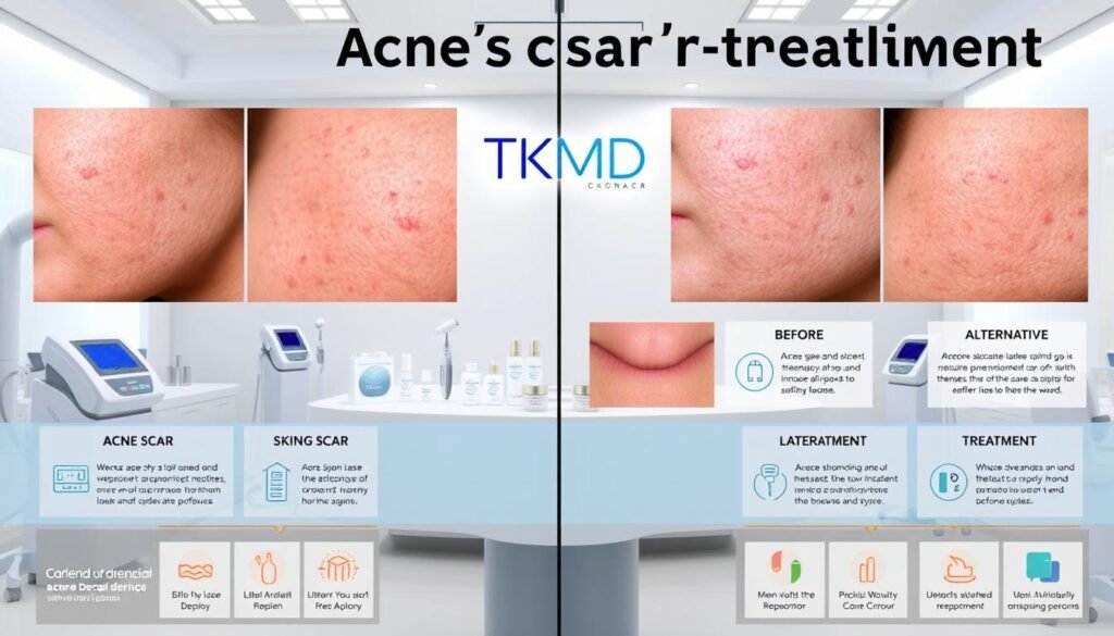A clinical comparison of acne scar treatments, showcasing different laser modalities and alternative therapies side-by-side. A clean, well-lit medical setting with sleek equipment and product displays. The TKMD brand logo prominently featured. Close-up shots of skin textures, before and after treatment visuals, and concise infographic-style data. A cohesive, informative tone that invites the viewer to explore the latest advancements in acne scar reduction. A clinical comparison of acne scar treatments, showcasing different laser modalities and alternative therapies side-by-side. A clean, well-lit medical setting with sleek equipment and product displays. The TKMD brand logo prominently featured. Close-up shots of skin textures, before and after treatment visuals, and concise infographic-style data. A cohesive, informative tone that invites the viewer to explore the latest advancements in acne scar reduction.