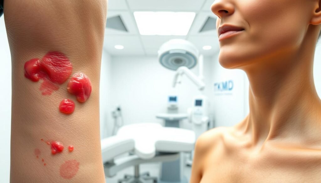 A clinical, high-resolution image depicting the potential side effects of laser hair removal treatment. In the foreground, close-up shots of moderate skin irritation, redness, and inflammation on the treated area. The middle ground showcases subtle changes in skin texture and discoloration. In the background, a sterile, well-lit medical setting with TKMD branding and equipment visible. The overall mood is informative and educational, conveying the importance of understanding potential risks associated with laser hair removal procedures.