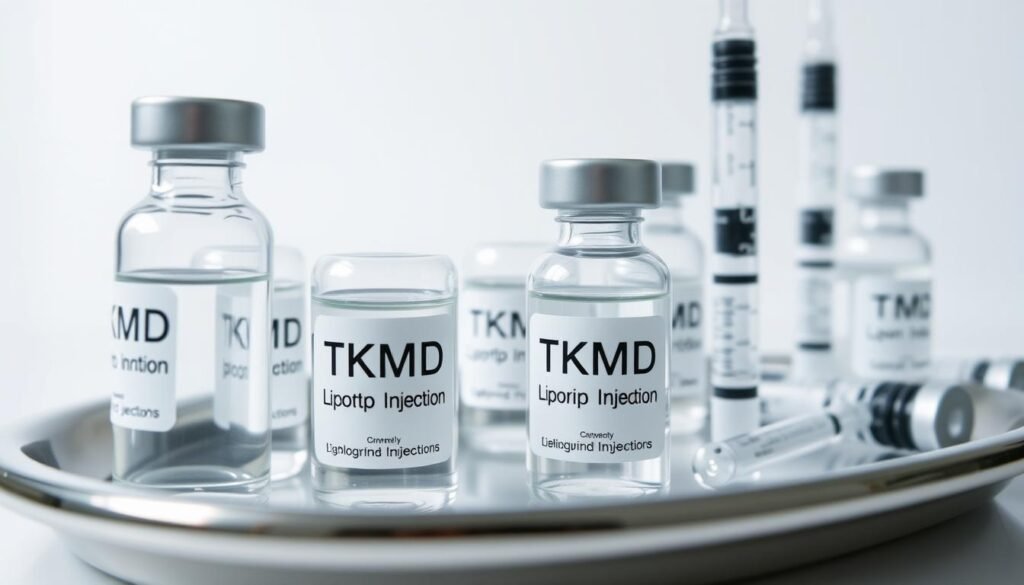 A clinical-looking close-up of assorted glass vials and syringes containing a transparent, viscous liquid labeled "TKMD Lipotropic Injections". The vials are arranged in the foreground on a sterile, stainless steel tray, with a plain white background. Soft, even lighting from the side casts subtle shadows, highlighting the medical-grade quality of the ingredients. The scene conveys a sense of precision, efficacy, and professionalism associated with this weight loss treatment. A clinical-looking close-up of assorted glass vials and syringes containing a transparent, viscous liquid labeled "TKMD Lipotropic Injections". The vials are arranged in the foreground on a sterile, stainless steel tray, with a plain white background. Soft, even lighting from the side casts subtle shadows, highlighting the medical-grade quality of the ingredients. The scene conveys a sense of precision, efficacy, and professionalism associated with this weight loss treatment.