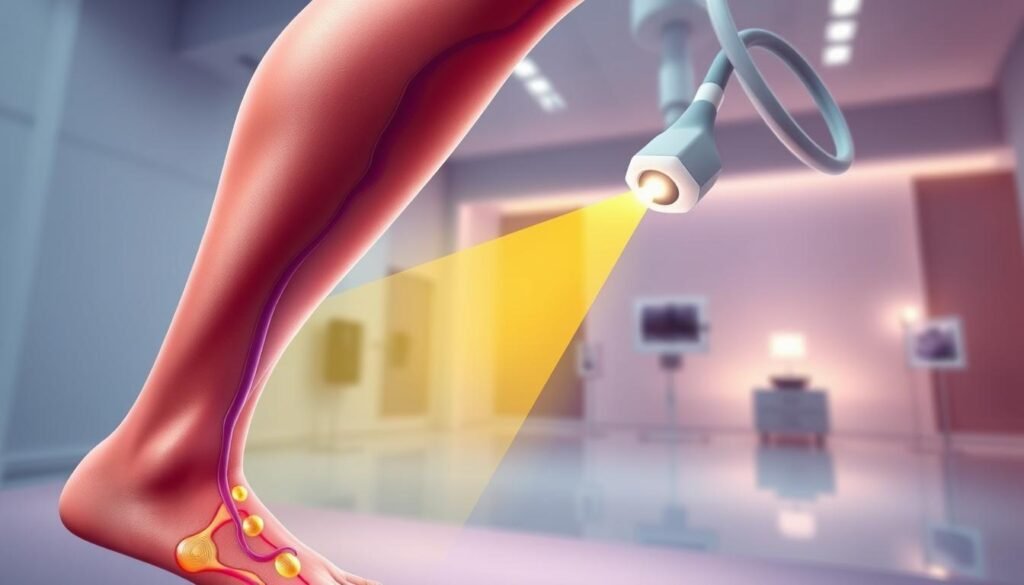A clinical medical illustration showcasing the benefits of laser treatment for varicose veins. The foreground depicts a cross-section of a leg, with veins highlighted in vivid detail. The middle ground illustrates the precision of a cutting-edge laser device, its beam precisely targeting and collapsing the problematic vein. The background depicts a serene, sterile medical environment, with soft lighting and a sense of therapeutic calm. The overall composition conveys the advanced, minimally-invasive nature of this treatment, offering a promising alternative to traditional, more invasive surgical methods. A clinical medical illustration showcasing the benefits of laser treatment for varicose veins. The foreground depicts a cross-section of a leg, with veins highlighted in vivid detail. The middle ground illustrates the precision of a cutting-edge laser device, its beam precisely targeting and collapsing the problematic vein. The background depicts a serene, sterile medical environment, with soft lighting and a sense of therapeutic calm. The overall composition conveys the advanced, minimally-invasive nature of this treatment, offering a promising alternative to traditional, more invasive surgical methods.