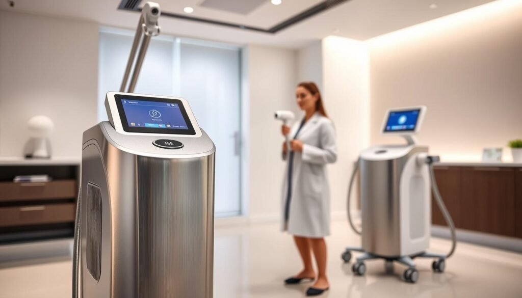 A clinical setting with modern, state-of-the-art TKMD laser hair removal devices prominently displayed. The foreground features a sleek, high-tech laser machine with a polished aluminum finish, highlighting its advanced capabilities. The middle ground showcases a medical professional in a white lab coat, demonstrating the laser's precise targeting and efficient hair reduction. The background depicts a serene, minimalist interior with clean lines, subtle lighting, and a sense of medical sophistication. The overall atmosphere conveys the cutting-edge nature of this TKMD laser technology, offering a safe and effective solution for patients seeking superior hair removal results.