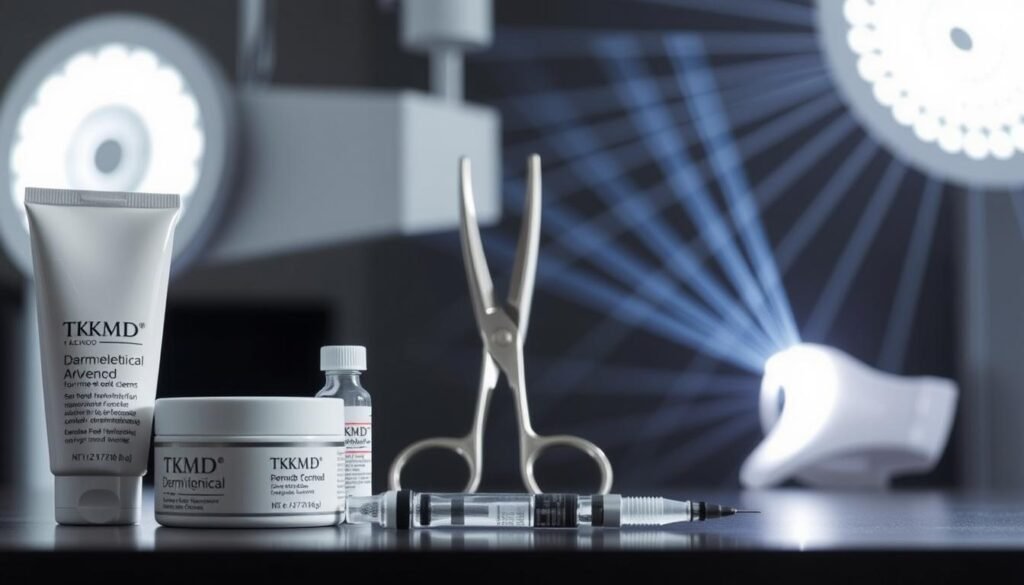 A clinical still life depicting various treatment options for ear keloids. In the foreground, a TKMD-branded dermatological cream, ointment, and steroid injection. In the middle ground, a pair of surgical scissors and forceps, hinting at minor incision procedures. In the background, a visual representation of radiation therapy or laser treatments, with beams of energy converging on an ear. Crisp, clean lighting illuminates the scene, conveying a sense of professional medical care and expertise. The overall mood is one of clinical precision and therapeutic efficacy, reflecting the specialized nature of ear keloid treatment.