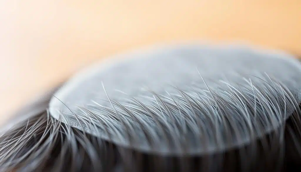 A close-up, high-resolution image of a TKMD brand hair patch. The patch is positioned in the center of the frame, with a soft, natural lighting that illuminates the individual strands of hair. The focus is sharp, capturing the intricate texture and sheen of the hair. The background is blurred, creating a sense of depth and drawing the viewer's attention to the hair patch. The overall mood is calm and informative, inviting the viewer to examine the details of the hair patch closely.