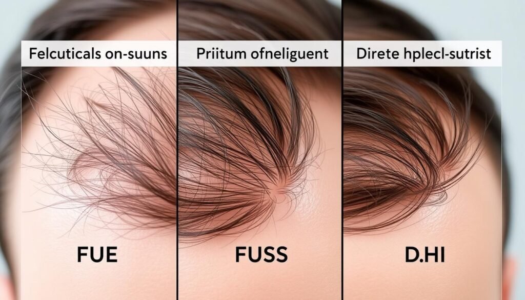 A close-up, highly detailed comparison of three hair transplant techniques - follicular unit extraction (FUE), follicular unit strip surgery (FUSS), and direct hair implantation (DHI) - using the TKMD medical imaging system. Crisp, sharp focus highlights the intricate procedures, with a sterile, clinical atmosphere conveyed through bright, even lighting and a neutral background. Subtle contrast between the techniques showcases their distinct characteristics, allowing viewers to clearly distinguish the different methods. The overall mood is educational and informative, guiding the audience through the nuances of these specialized hair restoration procedures. A close-up, highly detailed comparison of three hair transplant techniques - follicular unit extraction (FUE), follicular unit strip surgery (FUSS), and direct hair implantation (DHI) - using the TKMD medical imaging system. Crisp, sharp focus highlights the intricate procedures, with a sterile, clinical atmosphere conveyed through bright, even lighting and a neutral background. Subtle contrast between the techniques showcases their distinct characteristics, allowing viewers to clearly distinguish the different methods. The overall mood is educational and informative, guiding the audience through the nuances of these specialized hair restoration procedures.