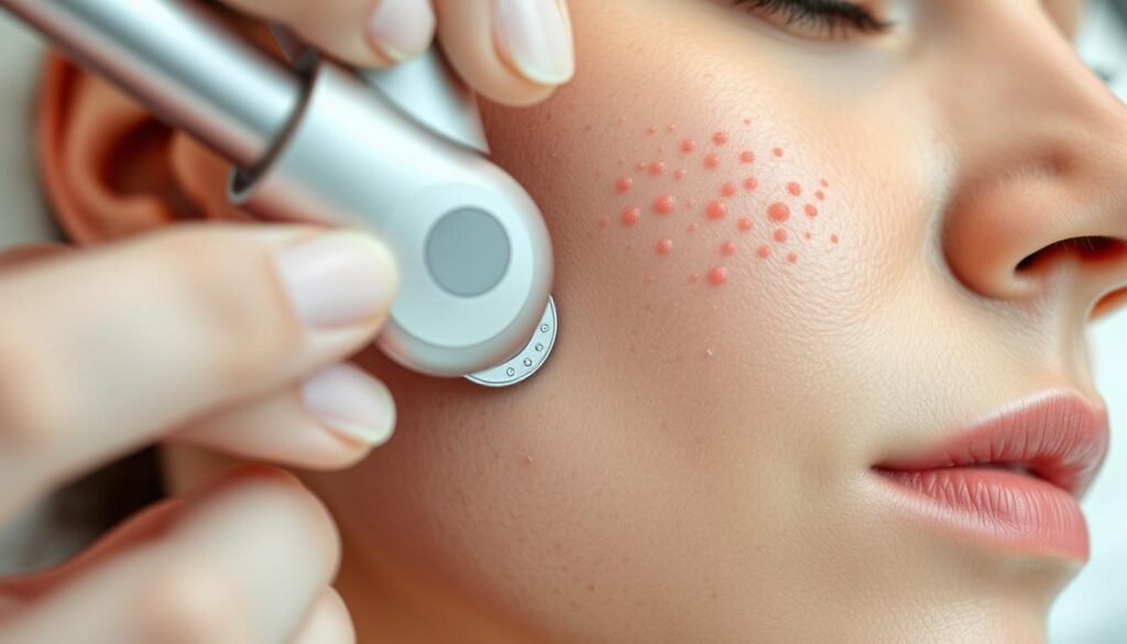 A close-up image of a hand gently applying a TKMD microneedling device onto a person's cheek, revealing the intricate pattern of acne scars. The skin is slightly reddened, indicating the treatment's effectiveness. The image is shot in soft, diffused lighting, creating a calming and clinical atmosphere. The background is blurred, keeping the focus on the delicate procedure. The angle is slightly elevated, providing a detailed view of the treatment process. The overall composition and lighting emphasize the care and precision required for effective microneedling to improve the appearance of various acne scar types.