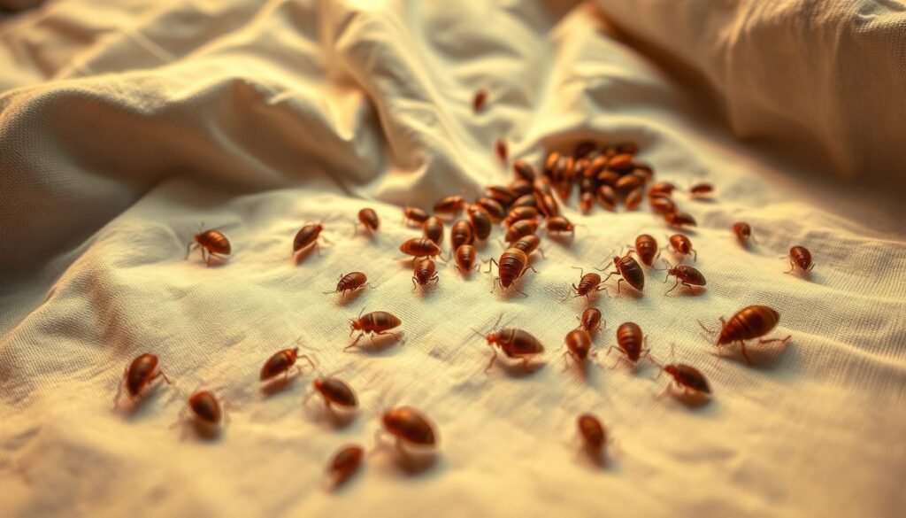 A close-up, macro view of bed bugs crawling and clustering on a rumpled, textured bed sheet. The bugs are various shades of brown, with distinct body segments and antennae visible. The lighting is soft and warm, casting subtle shadows that accentuate the bugs' forms. The scene has a slightly gritty, high-contrast aesthetic to capture the gritty, unsettling nature of the subject matter. The bed sheet fills the frame, creating an immersive, almost claustrophobic perspective that draws the viewer's attention to the unwelcome pests. A close-up, macro view of bed bugs crawling and clustering on a rumpled, textured bed sheet. The bugs are various shades of brown, with distinct body segments and antennae visible. The lighting is soft and warm, casting subtle shadows that accentuate the bugs' forms. The scene has a slightly gritty, high-contrast aesthetic to capture the gritty, unsettling nature of the subject matter. The bed sheet fills the frame, creating an immersive, almost claustrophobic perspective that draws the viewer's attention to the unwelcome pests.