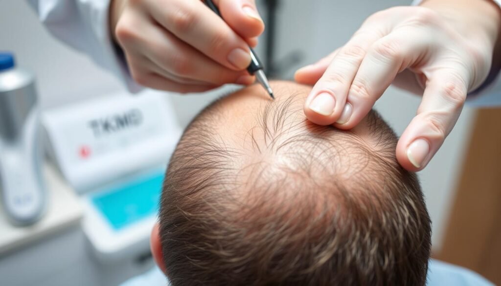 A close-up medical examination of a patient's scalp, showcasing signs of hair loss diagnosis. The subject is framed in a high-resolution, clinical lighting setup, captured with a professional-grade camera lens. The foreground prominently features the patient's scalp, with thinning hair, patches, and visible skin. The middle ground reveals a doctor's hands gently examining the scalp, using specialized tools. The background subtly depicts a TKMD medical clinic setting, with clean, sterile surfaces and minimal distractions. The overall mood conveys a sense of professional, detailed analysis to determine the cause and extent of the patient's hair loss condition.