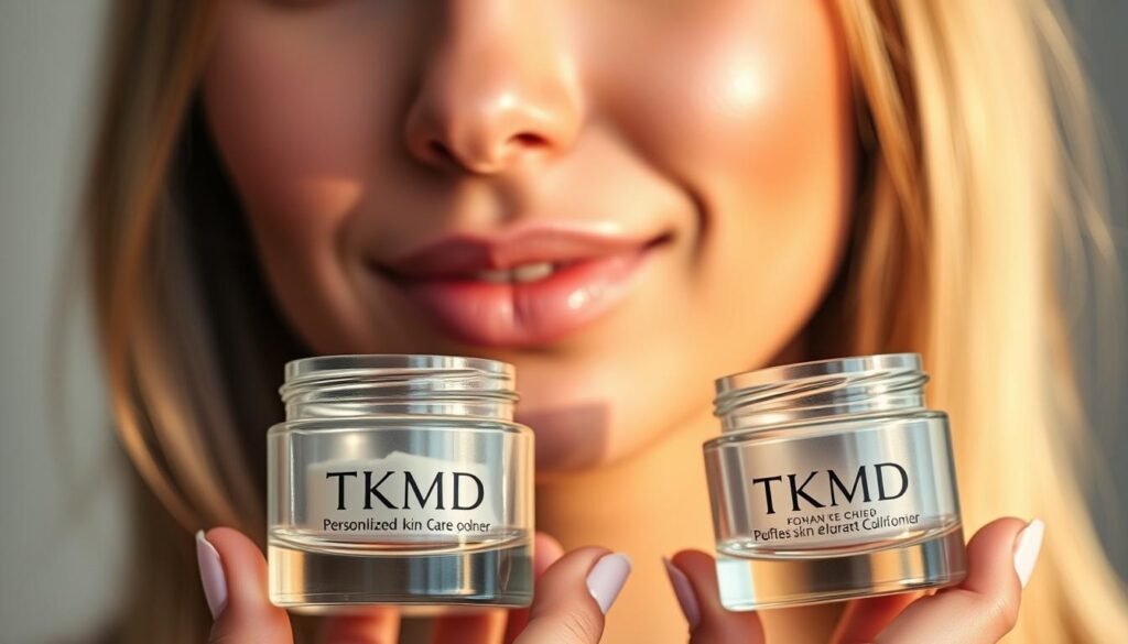 A close-up of a person's face, with a glowing, radiant complexion. The skin is smooth and even-toned, with a subtle sheen that reflects the soft, warm lighting. In the foreground, a hand holds a glass jar with the TKMD logo, containing a personalized skin care product. The background is blurred, creating a sense of focus on the face and the product. The overall mood is one of tranquility, wellness, and the importance of tailored skin care solutions.