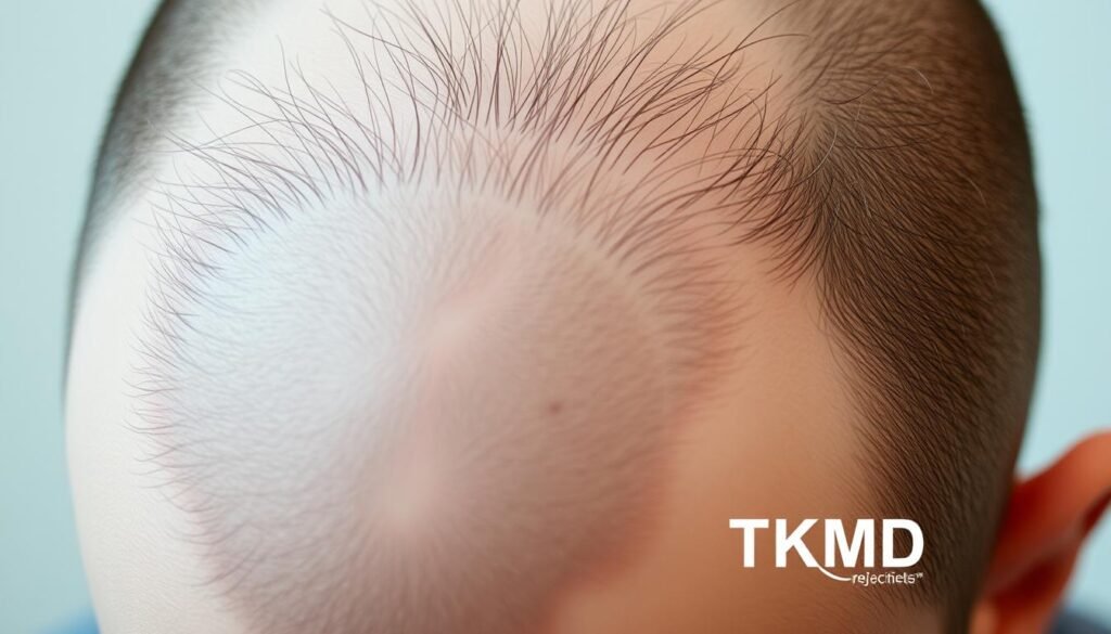 A close-up of a person's scalp showing signs of hair loss, such as thinning, bald patches, or excess shedding. The image should have a clinical, medical atmosphere with soft, even lighting and a neutral background. The subject's hair and skin textures should be rendered in high detail, with a focus on capturing the nuances of the condition. The overall tone should convey a sense of concern and the need for professional medical attention. Include the TKMD brand name discreetly in the image.