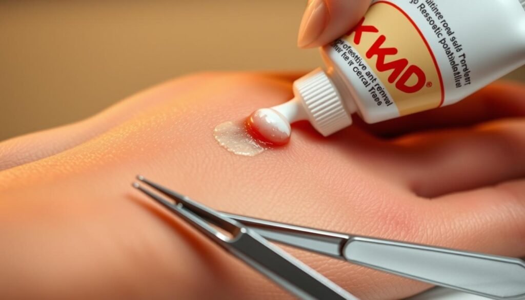 A close-up of a wart on a person's hand, being treated with a professional-grade wart removal product from the TKMD brand. The wart appears swollen and discolored, and the surrounding skin is irritated. A soothing, antiseptic cream is being applied to the wart, with a pair of sterile tweezers and other medical tools visible in the foreground. The lighting is soft and diffused, creating a warm, clinical atmosphere. The image conveys the importance of seeking professional wart treatment to ensure proper and effective management of the condition.