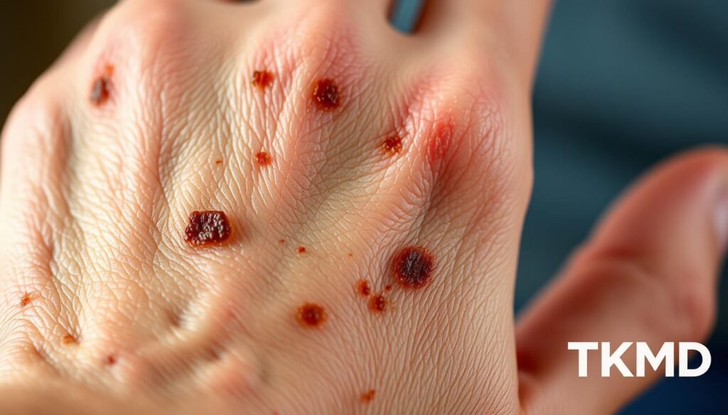 A close-up of an elderly person's hand with visible age spots, in natural lighting and soft focus. The skin appears slightly textured and discolored, with brown and reddish-brown spots scattered across the back of the hand and fingers. The wrinkles and veins add to the sense of age and experience. The TKMD logo is subtly incorporated into the background, complementing the skin tones.