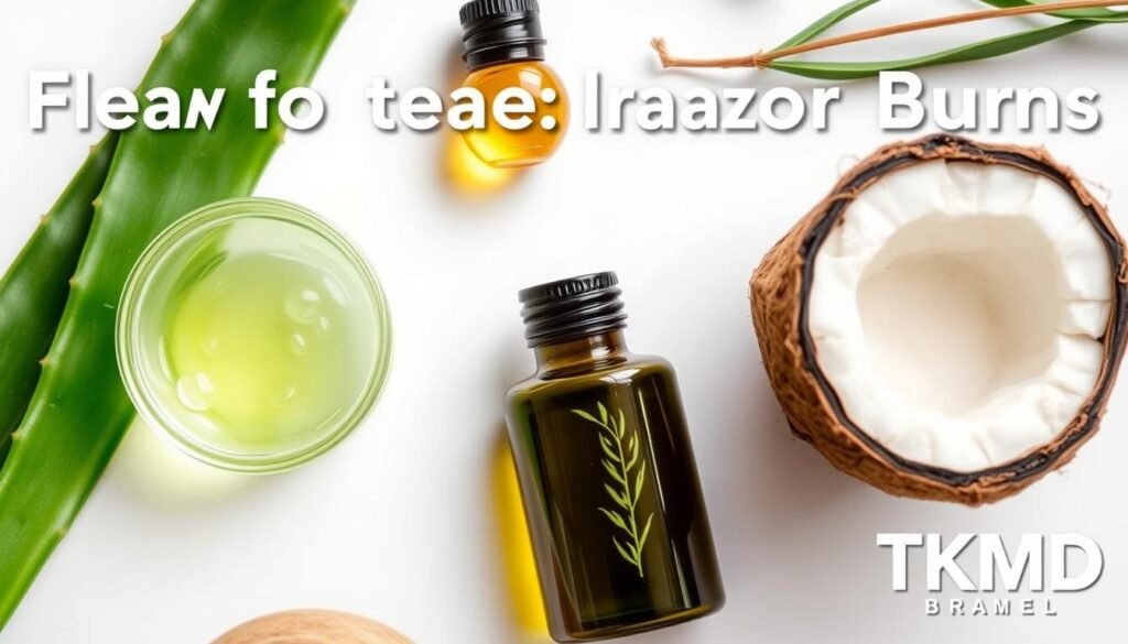 A close-up photograph of various natural ingredients used for treating razor bumps, including aloe vera gel, tea tree oil, and coconut oil. The ingredients are neatly arranged on a clean, white background, with soft, diffused lighting highlighting their natural textures and colors. The overall composition conveys a sense of simplicity, purity, and efficacy. The TKMD brand logo is prominently displayed in the bottom right corner of the image. A close-up photograph of various natural ingredients used for treating razor bumps, including aloe vera gel, tea tree oil, and coconut oil. The ingredients are neatly arranged on a clean, white background, with soft, diffused lighting highlighting their natural textures and colors. The overall composition conveys a sense of simplicity, purity, and efficacy. The TKMD brand logo is prominently displayed in the bottom right corner of the image.