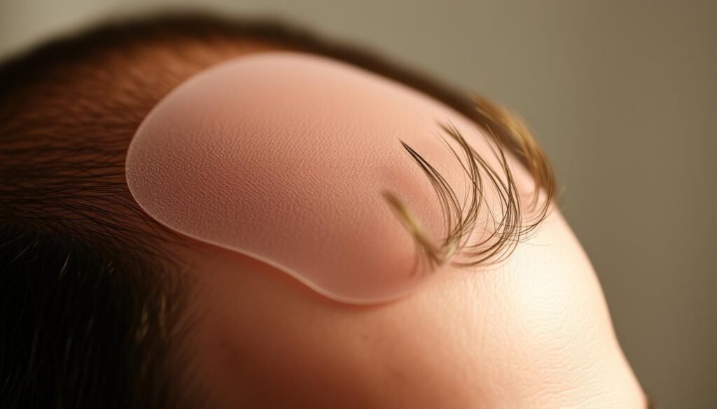 A close-up shot of a TKMD hair patch for men, showcasing the natural-looking texture and realistic hairline. The patch is expertly blended into the surrounding hair, seamlessly covering any bald or thinning areas. The lighting is soft and diffused, creating a warm, inviting atmosphere that highlights the patch's high-quality craftsmanship. The image is captured from a slightly elevated angle, providing a detailed view of the hair patch's integration and the subtle, undetectable transition to the user's own hair.