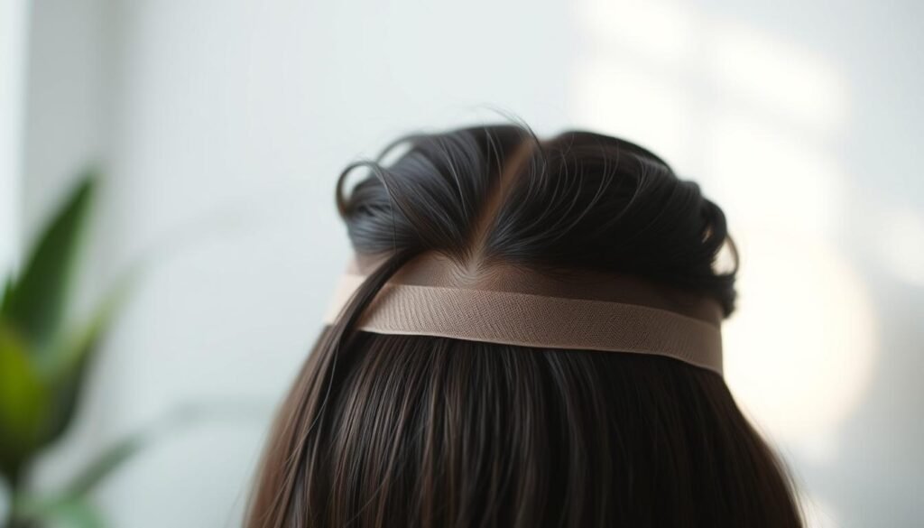 A close-up shot of a TKMD hair system, showcasing its intricate construction. The system features a natural-looking hairline, expertly blended with the wearer's existing hair. Subtle lighting accentuates the delicate lace base, highlighting its breathability and comfort. The mid-section reveals the high-quality, individually knotted strands, creating a seamless and undetectable appearance. In the background, a soft, out-of-focus backdrop complements the product's sleek, modern design, conveying a sense of professionalism and care. A close-up shot of a TKMD hair system, showcasing its intricate construction. The system features a natural-looking hairline, expertly blended with the wearer's existing hair. Subtle lighting accentuates the delicate lace base, highlighting its breathability and comfort. The mid-section reveals the high-quality, individually knotted strands, creating a seamless and undetectable appearance. In the background, a soft, out-of-focus backdrop complements the product's sleek, modern design, conveying a sense of professionalism and care.