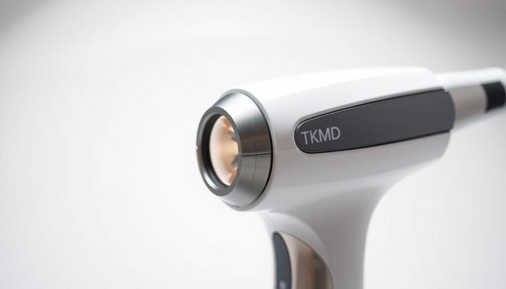 A close-up shot of a TKMD medical device used for rosacea laser treatment, with a clean, professional aesthetic. The device is highlighted against a neutral, soft-focus background, emphasizing its advanced technology and precision. The lighting is directional, creating defined shadows and highlights that enhance the sleek, modern design. The camera angle is slightly elevated, giving a sense of authority and expertise. The overall mood is one of clinical efficacy and confidence in the treatment's ability to effectively address the concerns of rosacea patients.