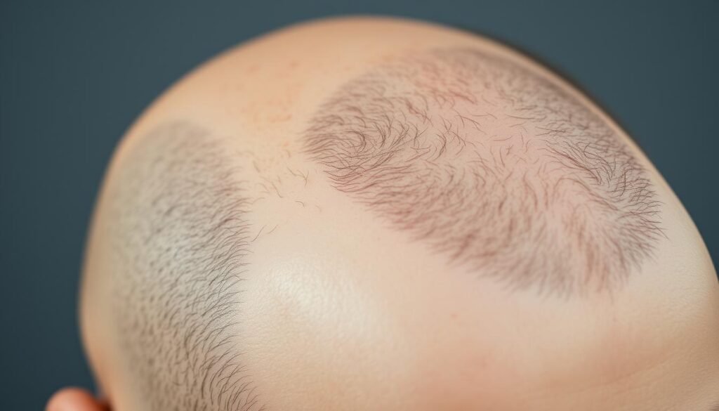 A close-up shot of a partially bald scalp, with visible scarring and uneven hair distribution, illuminated by soft, natural lighting. The texture of the skin is rough, with visible pores and blemishes, conveying the limitations of hair transplantation for thinning hair. The background is a neutral, blurred studio setting, allowing the focus to remain on the scalp. The overall mood is one of clinical objectivity, highlighting the medical nature of the procedure. TKMD