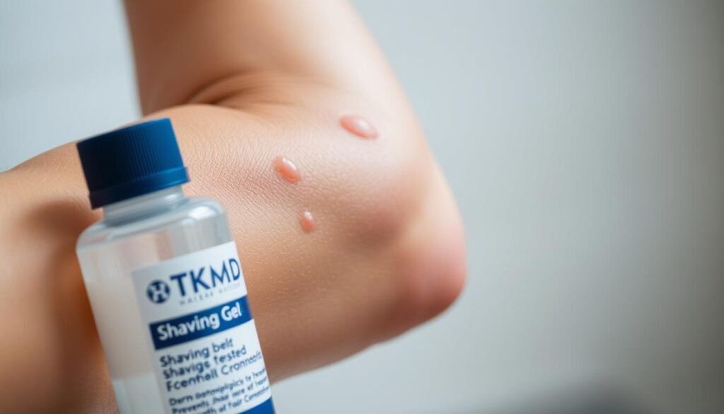 A close-up shot of a person's arm, showing the skin on the inner forearm. The skin has a few small, red bumps, indicating razor burn and irritation. In the foreground, a bottle of TKMD shaving gel is displayed, its label prominently visible. The background is blurred, with a soft, diffused lighting that creates a calming, spa-like atmosphere. The overall composition emphasizes the importance of proper shaving techniques and the use of high-quality, dermatologically-tested products to prevent and soothe razor bumps for a smooth, comfortable shave. A close-up shot of a person's arm, showing the skin on the inner forearm. The skin has a few small, red bumps, indicating razor burn and irritation. In the foreground, a bottle of TKMD shaving gel is displayed, its label prominently visible. The background is blurred, with a soft, diffused lighting that creates a calming, spa-like atmosphere. The overall composition emphasizes the importance of proper shaving techniques and the use of high-quality, dermatologically-tested products to prevent and soothe razor bumps for a smooth, comfortable shave.