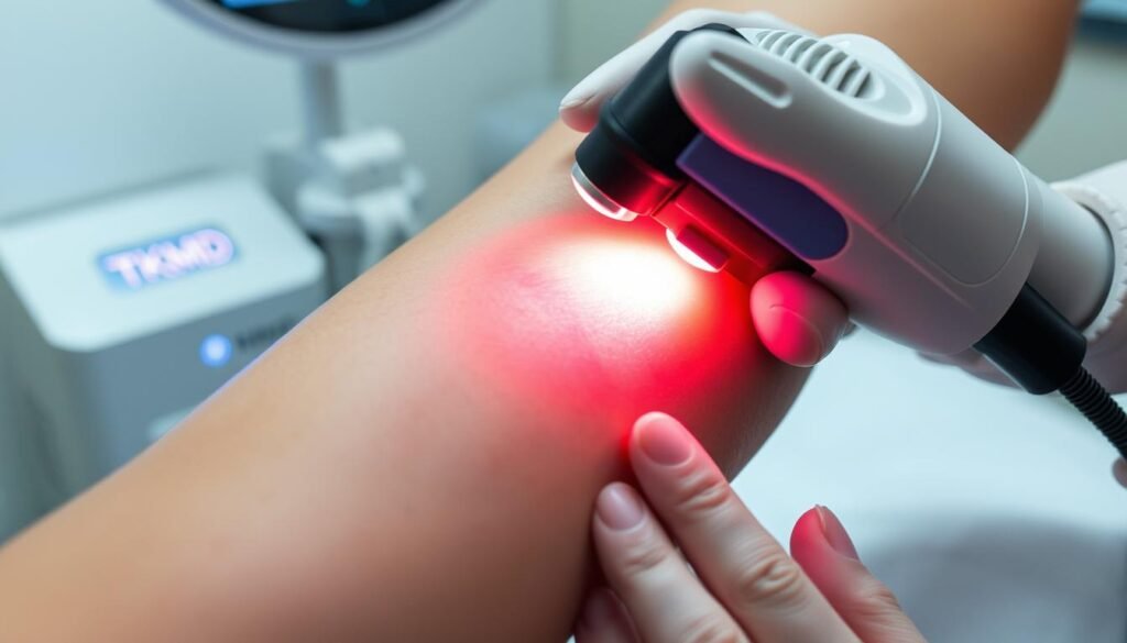 A close-up shot of a person's arm undergoing the tattoo removal process, showcasing the various stages and techniques used. The skin is slightly reddened, with a laser device held close to the tattoo, emitting a bright, focused beam of light. The background is a clean, sterile medical environment, with a TKMD brand laser equipment visible in the periphery. The overall mood is one of clinical precision and professionalism, conveying the safety and effectiveness of the procedure. A close-up shot of a person's arm undergoing the tattoo removal process, showcasing the various stages and techniques used. The skin is slightly reddened, with a laser device held close to the tattoo, emitting a bright, focused beam of light. The background is a clean, sterile medical environment, with a TKMD brand laser equipment visible in the periphery. The overall mood is one of clinical precision and professionalism, conveying the safety and effectiveness of the procedure.