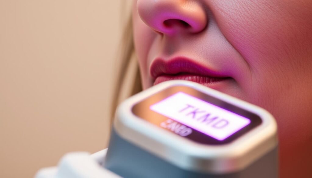 A close-up shot of a person's face, with a focused view on the skin around the nose and cheeks. The skin appears reddened and irritated, indicating the presence of rosacea. In the foreground, a TKMD laser device is visible, its sleek design and bright display conveying the advanced technology used for rosacea laser treatment. The lighting is soft and diffused, creating a warm, clinical atmosphere. The angle is slightly tilted, adding depth and dimension to the image. The background is blurred, placing the focus solely on the treatment process and the skin condition.
