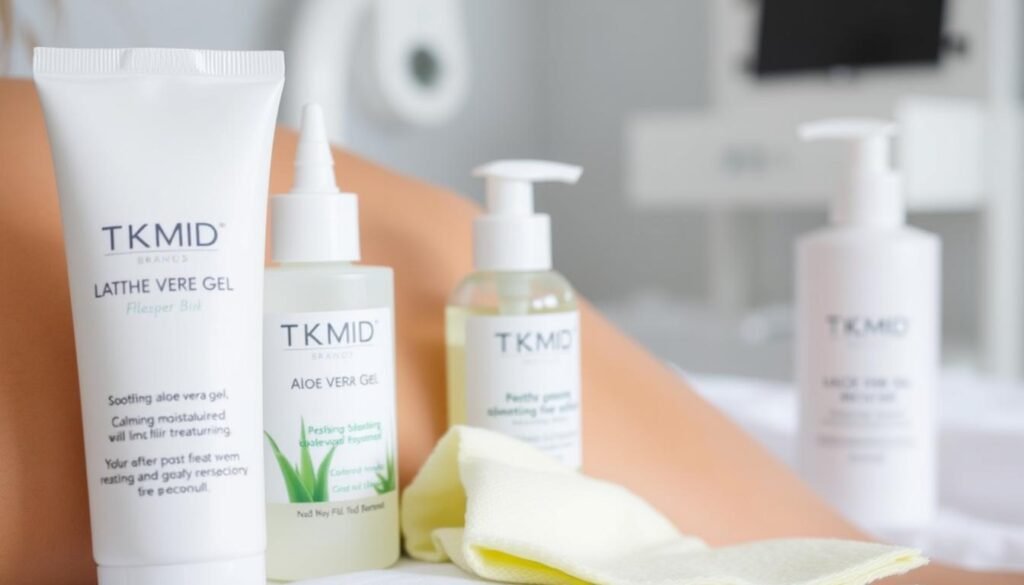 A close-up shot of a person's freshly treated skin after laser hair removal, showcasing the TKMD brand products. The foreground features soothing aloe vera gel, a calming moisturizer, and a gentle cleansing cloth. The middle ground shows the treated area, with a subtle redness and slight swelling, indicating the skin's post-treatment state. The background is a softly lit, clinical setting, conveying a sense of professionalism and care. The overall scene radiates a tranquil, post-treatment atmosphere, highlighting the importance of proper aftercare for optimal results.