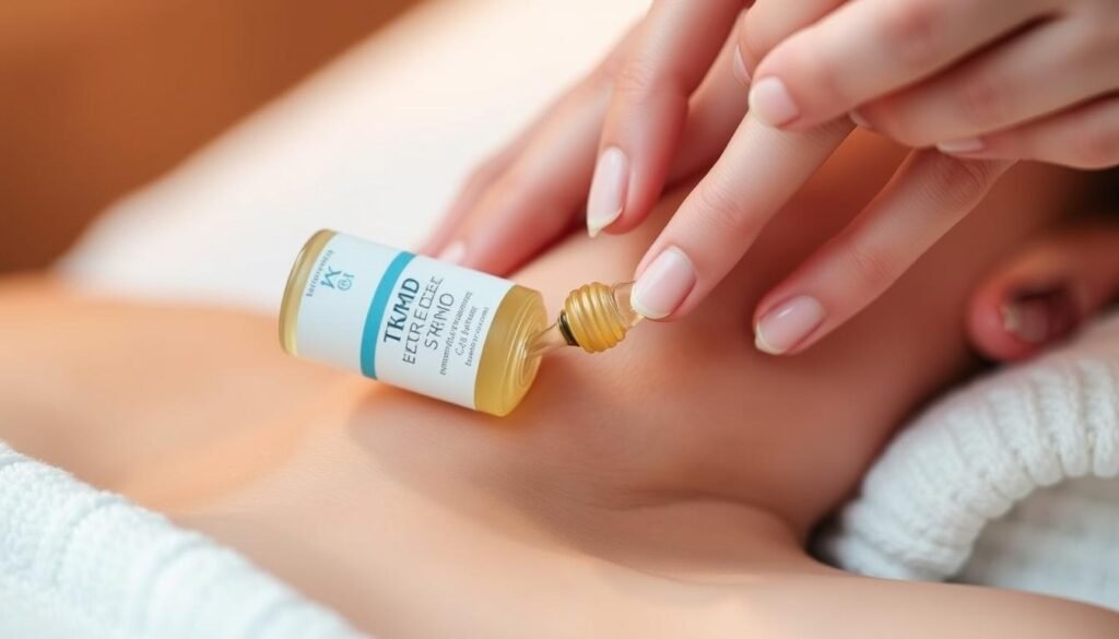 A close-up shot of a person's hand gently applying a TKMD microneedling serum after a treatment session. The skin appears slightly reddened but healthy, with a soft, dewy glow. The background is blurred, placing the focus on the application process. Soft, warm lighting casts a soothing ambiance, reflecting the post-treatment recovery and care. The image conveys a sense of relaxation and the importance of proper aftercare to promote healing and optimal results.