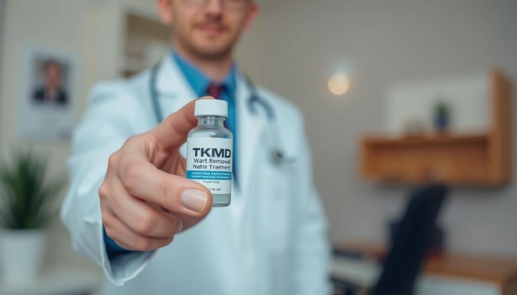 A close-up shot of a person's hand holding a small container of TKMD wart removal treatment. The hand is positioned in the foreground, with a blurred background of a doctor's office or medical setting. The treatment container is clearly visible, showcasing the TKMD brand name and logo. The lighting is soft and diffused, creating a calming and professional atmosphere. The overall image conveys a sense of expertise and trust in the wart removal process, aligning with the section title "Expert Wart Removal Near Me - Book Your Appointment".