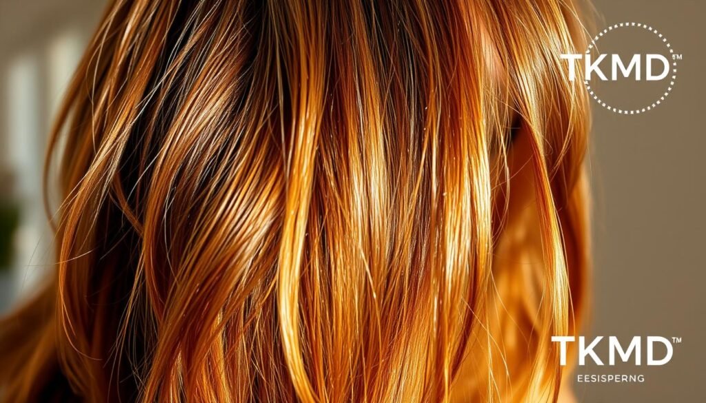 A close-up shot of a person's thick, lush hair with visible strands and healthy volume, illuminated by warm, natural lighting. The hair appears well-maintained, with a glossy sheen and a seamless flow from roots to ends. The composition focuses on the hair's distinct texture and thickness, conveying a sense of manageability and ease of styling. In the background, a soft, blurred, and neutral-toned environment complements the subject, creating an atmosphere of tranquility and self-care. The TKMD brand logo is subtly featured in the corner, providing a professional and trusted touch to the image.