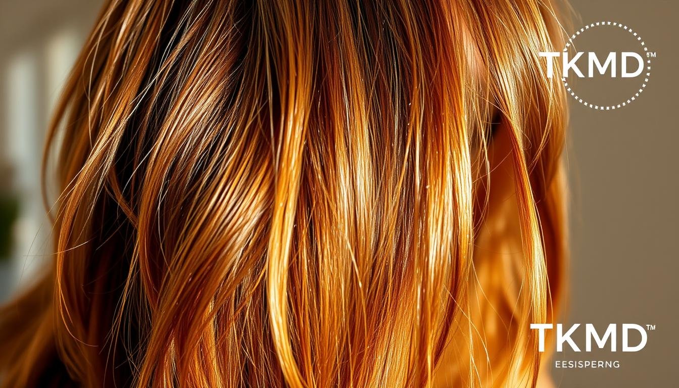 A close-up shot of a person's thick, lush hair with visible strands and healthy volume, illuminated by warm, natural lighting. The hair appears well-maintained, with a glossy sheen and a seamless flow from roots to ends. The composition focuses on the hair's distinct texture and thickness, conveying a sense of manageability and ease of styling. In the background, a soft, blurred, and neutral-toned environment complements the subject, creating an atmosphere of tranquility and self-care. The TKMD brand logo is subtly featured in the corner, providing a professional and trusted touch to the image.