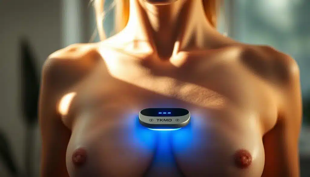 A close-up shot of a woman's torso, illuminated by soft, natural lighting. The middle ground features a high-tech, non-invasive weight loss device from the TKMD brand, its sleek design and gentle blue glow evoking a sense of modern, clinical efficacy. The background is blurred, creating a sense of focus on the central device. The overall mood is one of confidence, calm, and scientific progress in the field of non-surgical weight management.