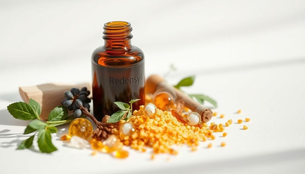 A close-up shot of an assortment of natural hair growth ingredients, including Redensyl and various peptides, artfully arranged on a clean, minimalist background. The lighting is soft and diffused, creating a natural, inviting atmosphere. The ingredients are displayed with careful consideration, showcasing their vibrant colors and textures in a visually appealing manner. The overall composition is balanced and draws the viewer's attention to the key elements, highlighting their importance in an effective hair regrowth treatment.