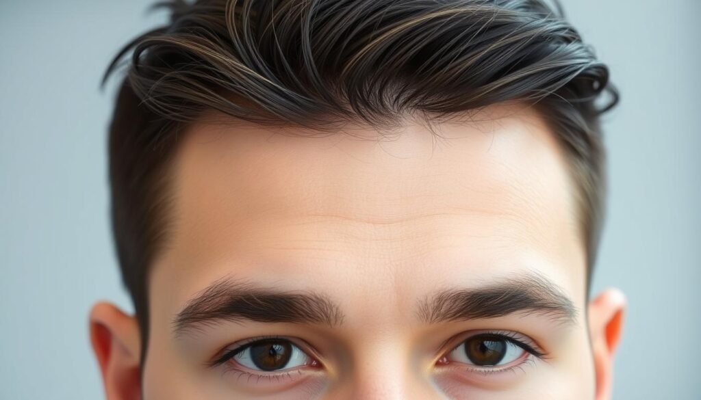 A close-up view of a TKMD hair replacement system, showcasing its natural appearance and seamless integration with the user's scalp. The system features strands of hair meticulously arranged to create a realistic and undetectable hairline, perfectly framing the subject's face. The lighting is soft and diffused, highlighting the system's texture and sheen, while the depth of field blurs the background, keeping the focus on the hair patch. The overall mood is one of confidence and natural beauty, reflecting the "Discover Hair Patch Near Me for Natural Look" section of the article.