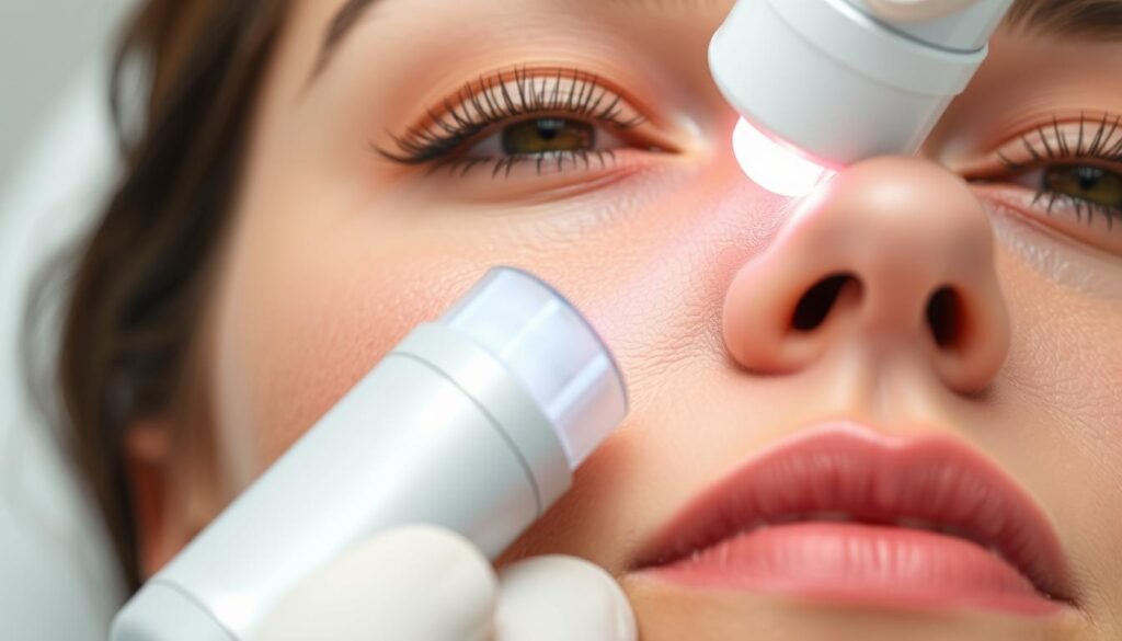 A close-up view of a dermatological procedure using TKMD RF microneedling device on a person's face, showcasing the treatment of acne scars. The device's microneedles are visible, penetrating the skin in a precise, controlled manner. The skin appears smooth and even, with the treatment's clinical effectiveness evident. The lighting is soft and flattering, highlighting the skin's texture and the device's precision. The background is blurred, keeping the focus on the treatment area. The overall mood is professional, scientific, and informative, conveying the clinical nature of the procedure.