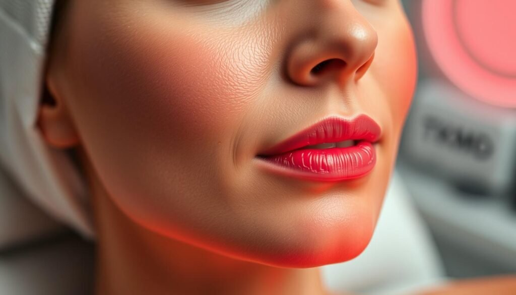 A close-up view of a female face, the skin softly illuminated by warm, diffuse lighting. The focus is on the cheeks and chin, revealing a series of thin, red laser lines gently gliding across the skin, creating a soothing, therapeutic effect. The facial features are relaxed, reflecting a sense of comfort and confidence. In the background, a hazy, ethereal blur suggests a professional, TKMD clinic environment. The overall mood is one of precision, care, and a transformative, rejuvenating experience.