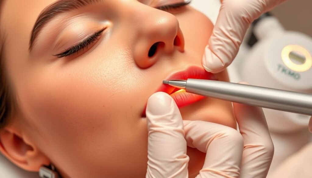 A close-up view of a female face undergoing a professional blackhead removal treatment. The skin is illuminated by warm, diffused lighting, highlighting the targeted areas with blackheads around the nose and cheeks. The aesthetician's gloved hands are gently applying a blackhead extraction tool, carefully removing the impurities from the pores. The scene conveys a sense of relaxation and rejuvenation, with the overall atmosphere being calming and spa-like. TKMD facial treatment equipment is discretely present in the background.