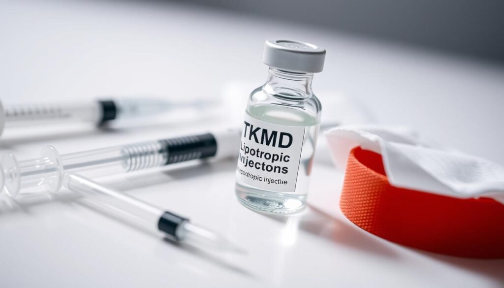 A close-up view of a glass vial labeled "TKMD Lipotropic Injections", filled with a clear liquid. The vial is surrounded by a syringe, a tourniquet, and a sterilized wipe, all arranged neatly on a sterile, white surface. The lighting is soft and diffused, creating a clinical, yet inviting atmosphere. The focus is sharp, capturing the intricate details of the medical equipment, while the background is slightly blurred, emphasizing the primary subject. The overall mood is one of professionalism and efficacy, conveying the scientific nature of lipotropic injections. A close-up view of a glass vial labeled "TKMD Lipotropic Injections", filled with a clear liquid. The vial is surrounded by a syringe, a tourniquet, and a sterilized wipe, all arranged neatly on a sterile, white surface. The lighting is soft and diffused, creating a clinical, yet inviting atmosphere. The focus is sharp, capturing the intricate details of the medical equipment, while the background is slightly blurred, emphasizing the primary subject. The overall mood is one of professionalism and efficacy, conveying the scientific nature of lipotropic injections.