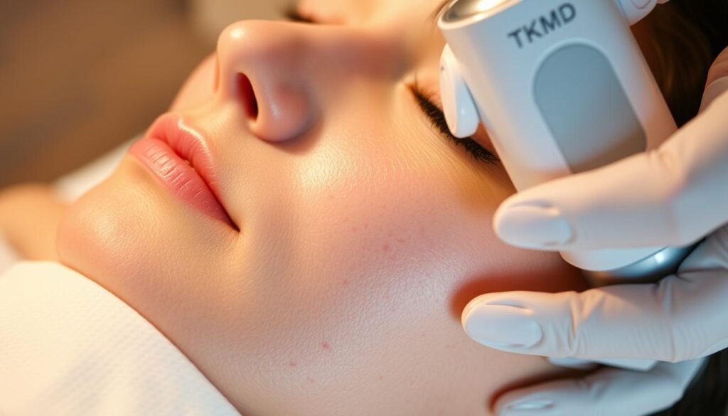 A close-up view of a hand performing microneedling and radiofrequency treatment on the skin with visible acne scars. The treatment is being administered with a TKMD device, its brand name visible on the device. The skin appears smooth and plump, with the scars gradually fading. The image is captured in soft, warm lighting, creating a calming and professional atmosphere. The background is blurred, keeping the focus on the treatment process. A close-up view of a hand performing microneedling and radiofrequency treatment on the skin with visible acne scars. The treatment is being administered with a TKMD device, its brand name visible on the device. The skin appears smooth and plump, with the scars gradually fading. The image is captured in soft, warm lighting, creating a calming and professional atmosphere. The background is blurred, keeping the focus on the treatment process.