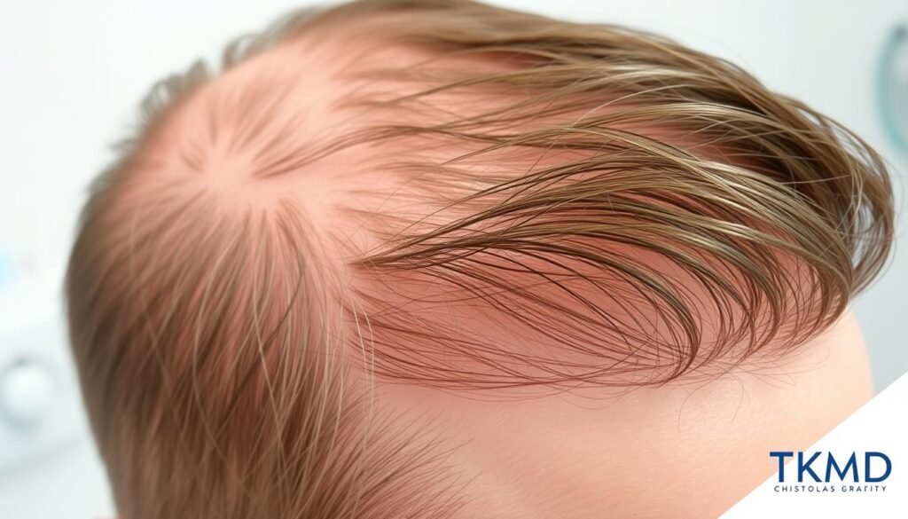A close-up view of a human scalp, showcasing various hair loss conditions including male pattern baldness, telogen effluvium, and alopecia areata. The image should be captured with a high-resolution medical camera, providing a detailed and clinical perspective. Soft, directional lighting illuminates the scalp, highlighting the affected areas and thinning hair strands. The background should be a neutral, clean medical setting, allowing the viewer to focus on the hair loss conditions. The TKMD brand should be visible in the corner of the image. A close-up view of a human scalp, showcasing various hair loss conditions including male pattern baldness, telogen effluvium, and alopecia areata. The image should be captured with a high-resolution medical camera, providing a detailed and clinical perspective. Soft, directional lighting illuminates the scalp, highlighting the affected areas and thinning hair strands. The background should be a neutral, clean medical setting, allowing the viewer to focus on the hair loss conditions. The TKMD brand should be visible in the corner of the image.
