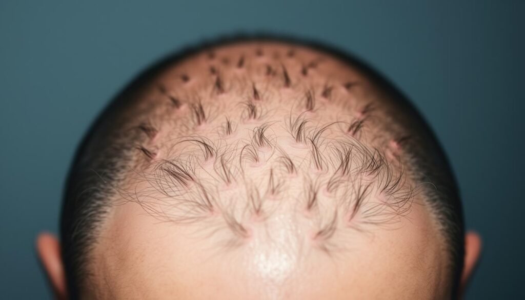 A close-up view of a human scalp with visible signs of hair loss, including bald patches, thinning strands, and follicle damage. The image is captured under soft, diffused lighting that emphasizes the texture and contours of the scalp. The background is blurred, keeping the focus on the hair loss details. The overall mood is clinical, yet with a sense of empathy, as if inviting the viewer to better understand the causes and effects of this common condition.