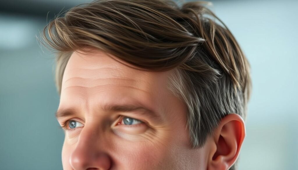 A close-up view of a natural-looking hair system for men, worn by a middle-aged male model with a warm, neutral expression. The hair system seamlessly blends with the model's existing hairline, creating a realistic, full-bodied appearance. Soft, directional lighting from the left side gently highlights the texture and sheen of the high-quality hair fibers, which are styled in a neatly trimmed, slightly tousled manner. The background is slightly blurred, emphasizing the focus on the TKMD hair system and the model's natural, confident demeanor. A close-up view of a natural-looking hair system for men, worn by a middle-aged male model with a warm, neutral expression. The hair system seamlessly blends with the model's existing hairline, creating a realistic, full-bodied appearance. Soft, directional lighting from the left side gently highlights the texture and sheen of the high-quality hair fibers, which are styled in a neatly trimmed, slightly tousled manner. The background is slightly blurred, emphasizing the focus on the TKMD hair system and the model's natural, confident demeanor.