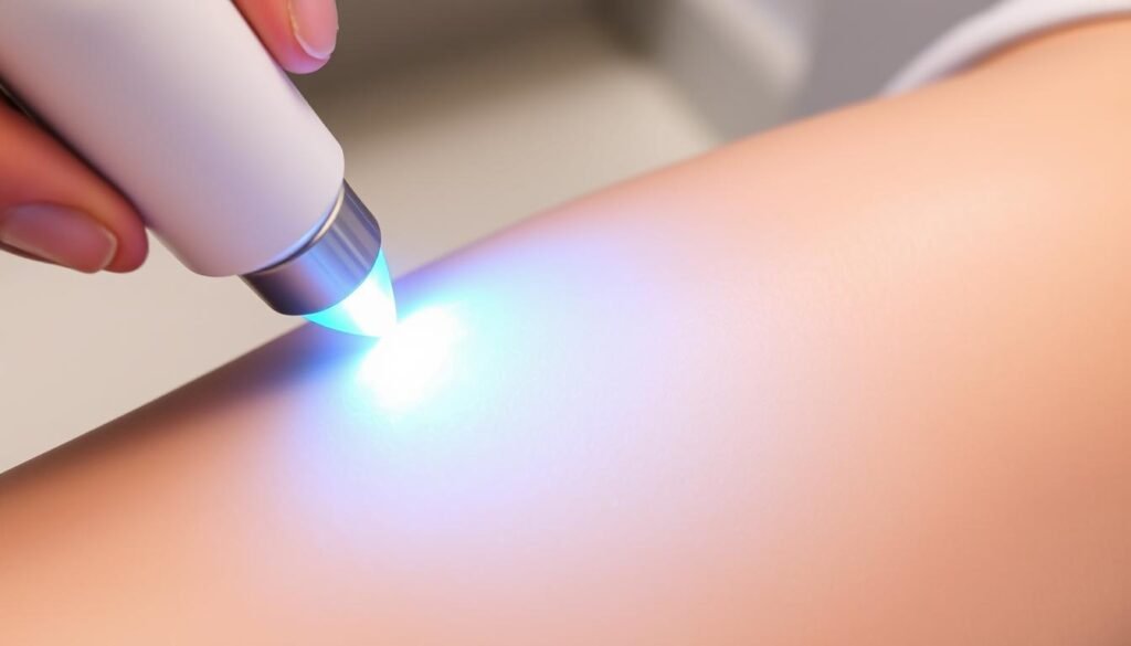 A close-up view of a patient's leg during a TKMD laser hair removal procedure. The treatment area is illuminated by a focused beam of coherent light, casting a soft, even glow. The skin appears smooth and unblemished, with the laser device held close to the surface, its tip emitting a faint blue-green hue. The background is blurred, drawing attention to the precise, clinical nature of the process. The atmosphere is one of professionalism and medical expertise, conveying the safety and efficacy of this advanced dermatological treatment.