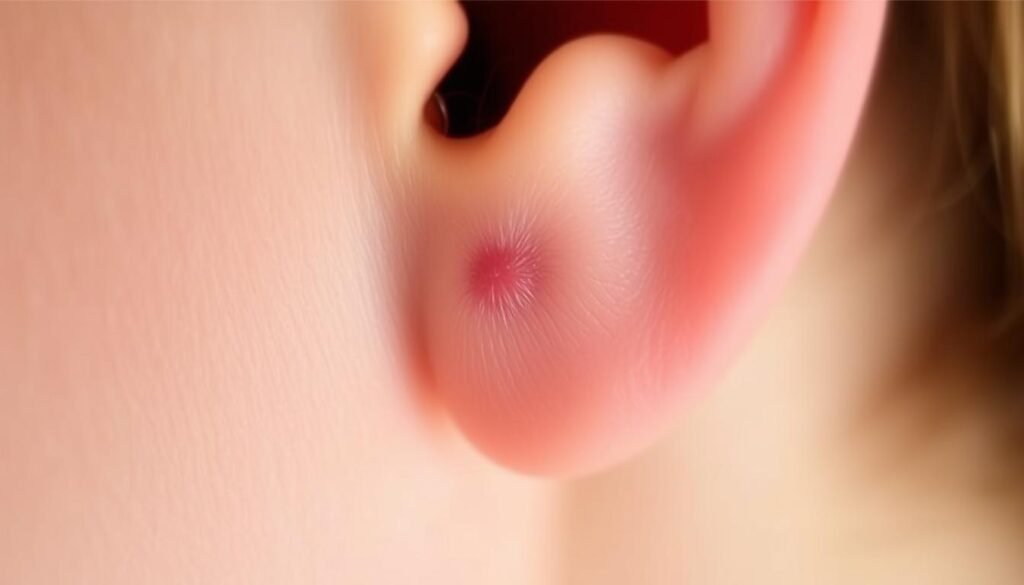 A close-up view of a person's ear, showcasing the gradual healing process of a keloid scar. The skin appears smooth and supple, with a faint, slightly raised scar that is slowly fading in color. The lighting is soft and diffused, creating a warm, soothing atmosphere. The image is captured with a macro lens, highlighting the intricate details of the skin and the scar's texture. The background is blurred, placing the focus entirely on the ear and the healing keloid. This TKMD image represents the successful recovery and natural-looking results achieved through professional treatment.