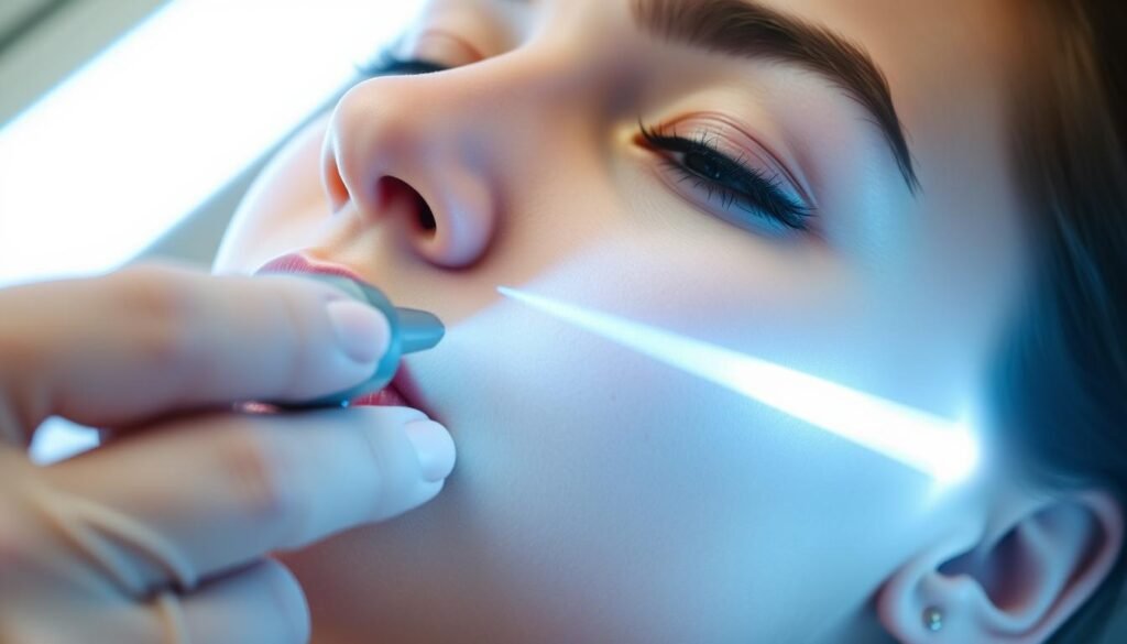 A close-up view of a person's face during a laser hair removal procedure. The skin is held taut, and a laser device is positioned just above the surface, emitting a concentrated beam of light. The lighting is bright and diffused, creating a clinical atmosphere. The background is blurred, keeping the focus on the procedure in the center of the frame. The expression on the person's face is calm and focused, conveying the practical and professional nature of the treatment. The overall scene communicates the step-by-step laser hair removal process in a clear, informative, and visually engaging manner. A close-up view of a person's face during a laser hair removal procedure. The skin is held taut, and a laser device is positioned just above the surface, emitting a concentrated beam of light. The lighting is bright and diffused, creating a clinical atmosphere. The background is blurred, keeping the focus on the procedure in the center of the frame. The expression on the person's face is calm and focused, conveying the practical and professional nature of the treatment. The overall scene communicates the step-by-step laser hair removal process in a clear, informative, and visually engaging manner.