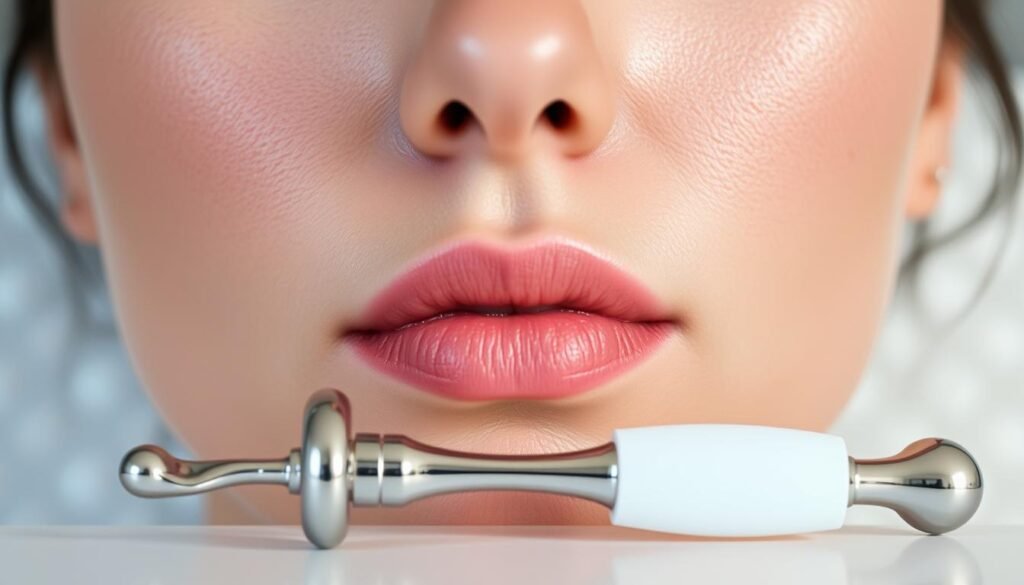 A close-up view of a person's face, featuring several visible acne scars on the skin. The lighting is soft and diffused, creating a calming and introspective atmosphere. In the foreground, a set of TKMD microneedling tools, including a roller and applicator, are positioned prominently, suggesting the use of this treatment to address the scars. The background is blurred, allowing the focus to remain on the skin and the microneedling devices. The overall image conveys the potential for microneedling to improve the appearance of acne scarring, hinting at the synergistic effects when combined with other treatments.