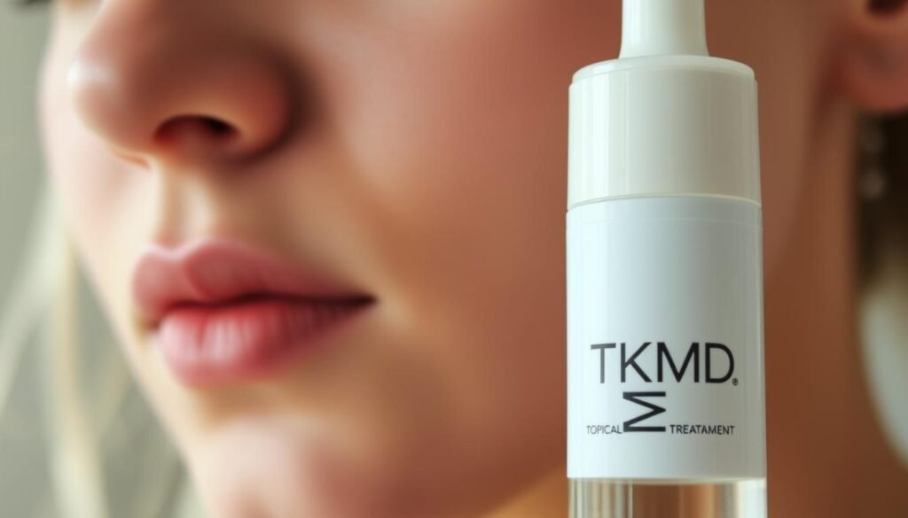 A close-up view of a person's face, highlighting the skin's texture and the appearance of acne scars. The lighting is soft and diffused, creating a warm, natural atmosphere. The focus is on the middle of the face, with the forefront and background slightly blurred to draw attention to the central area. The skin appears smooth, with visible pores and the faint remnants of acne scars. In the foreground, a bottle labeled "TKMD" with a clean, minimalist design is prominently displayed, suggesting a topical treatment product. A close-up view of a person's face, highlighting the skin's texture and the appearance of acne scars. The lighting is soft and diffused, creating a warm, natural atmosphere. The focus is on the middle of the face, with the forefront and background slightly blurred to draw attention to the central area. The skin appears smooth, with visible pores and the faint remnants of acne scars. In the foreground, a bottle labeled "TKMD" with a clean, minimalist design is prominently displayed, suggesting a topical treatment product.